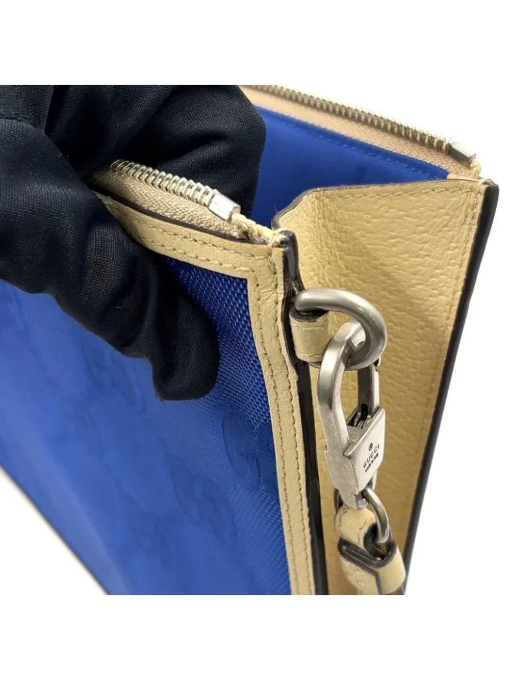 Gucci Off the Grid GG Pattern Leather Nylon Ivory Blue Clutch Silver